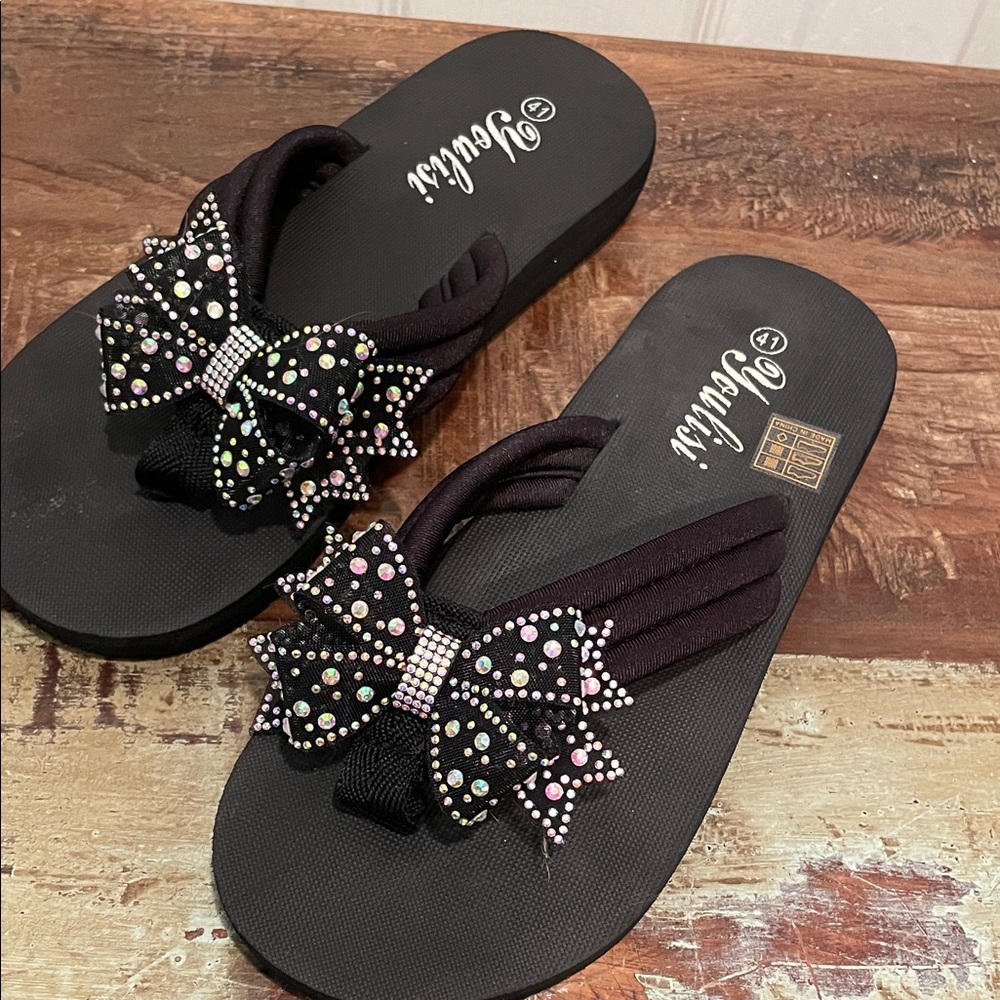 Yoki Black Sandals with Rhinestone Bow